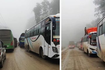 सितलहरले सडक भिज्दा दाउन्नेमा सवारी साधनको लामो जाम