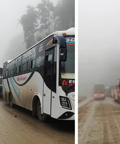 सितलहरले सडक भिज्दा दाउन्नेमा सवारी साधनको लामो जाम